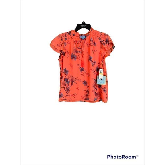 CECE Expressive Lillies Split Neck Top in Hot Lava Size M - Picture 5 of 10